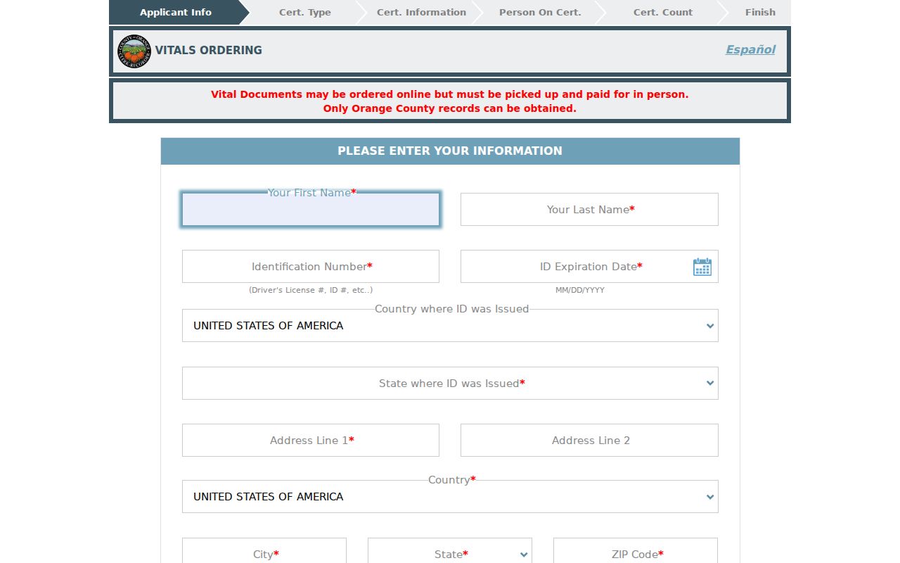 Tustin public records vital certificate ordering intake for Orange County