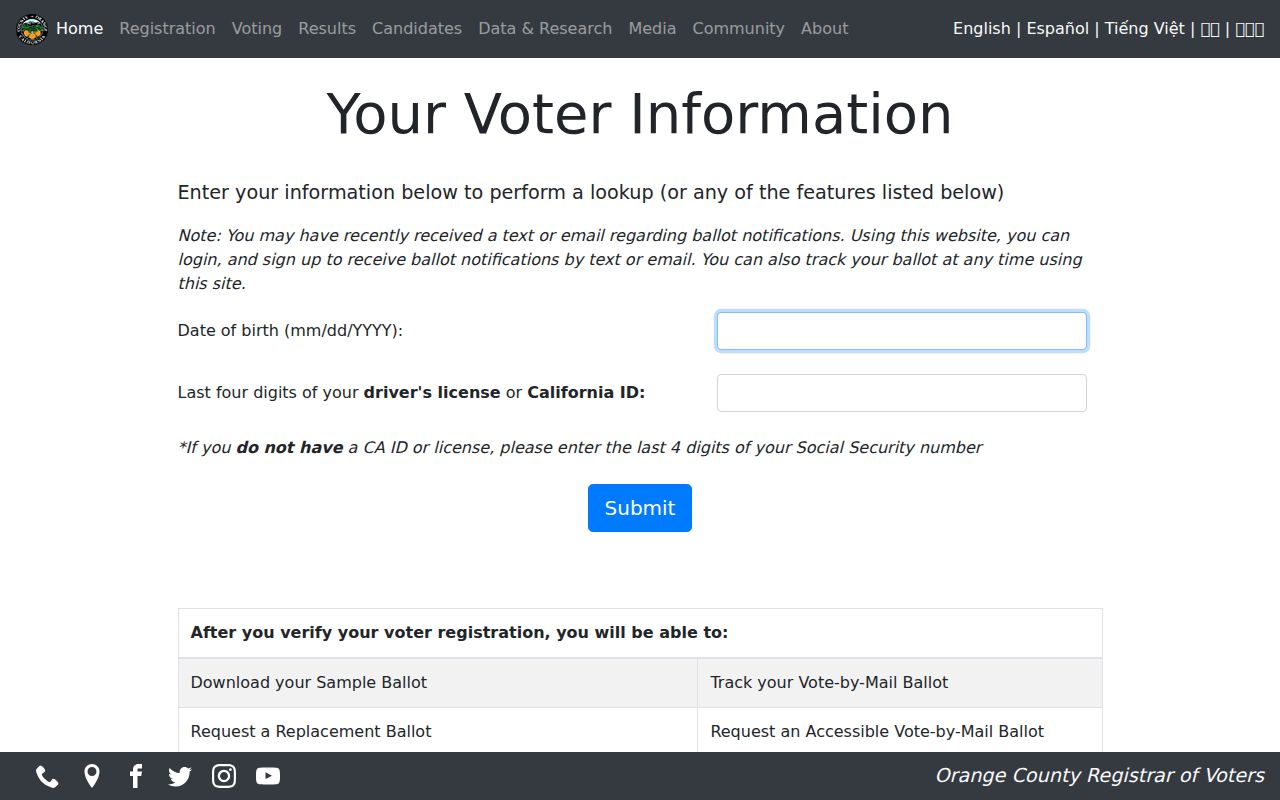 Tustin voter records lookup fields from Orange County