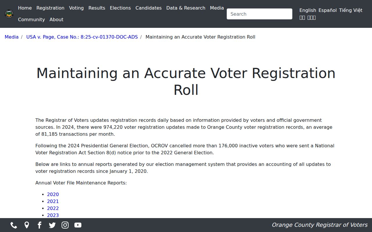 Tustin voter roll maintenance information from OC Vote